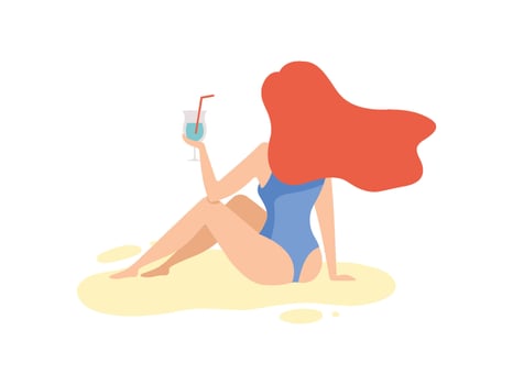 Beautiful Redhead Girl in Blue Swimsuit Drinking Cocktail on Beach Illustration vector