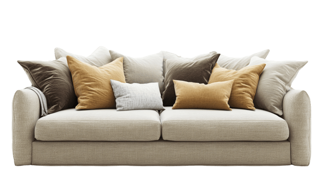 Sofa with Comfortable Pillows Arranged Neatly png