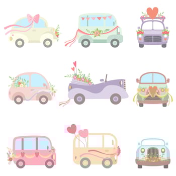Collection of Cute Vintage Cars and Vans Decorated with Flowers, Hearts and Ribbons, Wedding Retro Cars, Front and Side View Illustration vector
