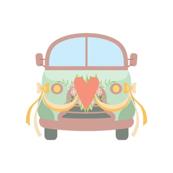 Cute Vintage Car Decorated with Heart, Flowers and Ribbons, Wedding Retro Van, Front View Illustration vector