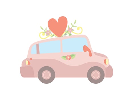 Pink Vintage Car Decorated with Red Heart and Flowers, Wedding Retro Auto, Side View Illustration vector