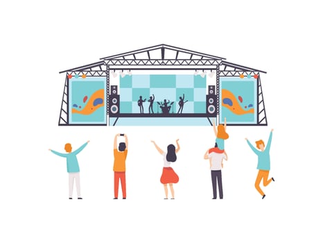 Open Air Festival, Music Band Performing on Stage, People Dancing, Cheering, Partying Illustration vector