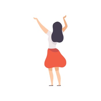 Brunette Girl Standing with Raised Hands at Open Air Festival, Back View, Outdoor Summer Concert Illustration vector