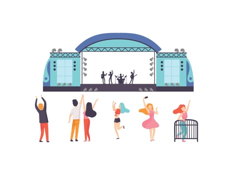 Open Air Festival, Music Band Performing on Stage, People Dancing, Cheering, Partying, Relaxing Illustration vector