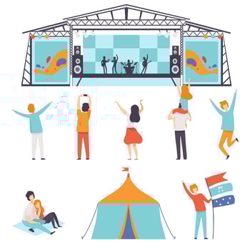 Open Air Festival Set, Music Band Performing on Stage, People Dancing, Cheering, Partying in Camping Park Illustration vector