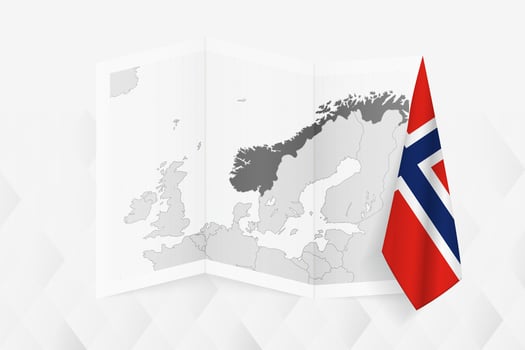 A grayscale map of Norway with a hanging Norwegian flag on one side. Map for many types of news. vector