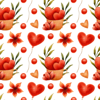 watercolor seamless pattern featuring red hearts, flowers, balloons, and green leaves, symbolizing love and romance. Perfect for Valentine's Day cards, wrapping paper, and festive designs png
