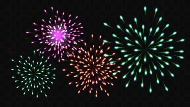 Bright flashes of fireworks color on a transparent background. Holiday Wedding Festival Design for Birthday Card Poster advertising. vector