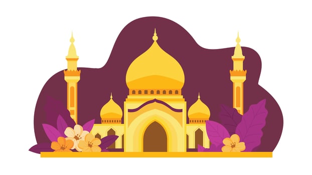 Flat Design Illustration of Golden Islamic Mosque Heritage Building with Floral Plant in Purple Sky vector