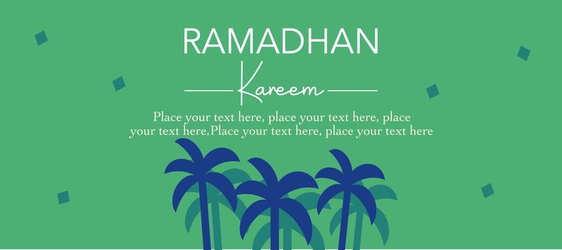 Happy Eid Mubarak and Ramadan Kareem greeting with palm tree islamic illustration on green background for card, poster and banner vector