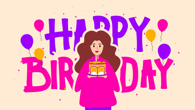 Happy birthday card with girl holding a birthday cake illustration vector