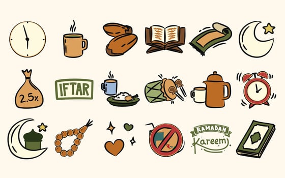 Set of hand drawn doodle Ramadan Islamic holy month. Ramadan Mubarak. vector