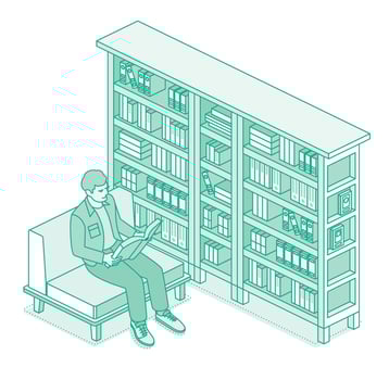 Young man sitting on soft chair and reading book. Shelves and racks with books. Outline style. Man loves relaxing with a good book. vector