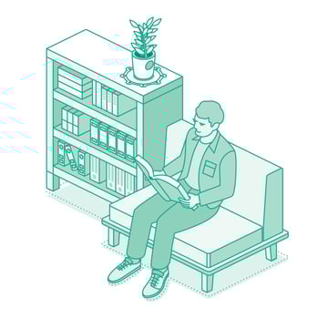 Young man sitting on soft chair and reading book. Shelves and racks with books. Outline style. Man loves relaxing with a good book. vector