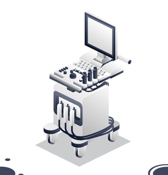 Ultrasound scanner machine with a screen. Isometric modern object isolated on white background. Medical diagnosis system. Hospital equipment. Top view. vector