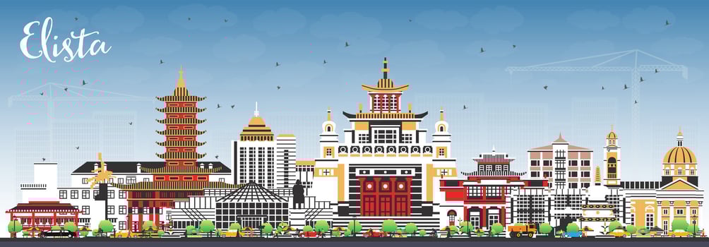 Elista Russia city skyline with color buildings and blue sky. Elista cityscape with landmarks. Business travel and tourism concept with modern and historic architecture. vector