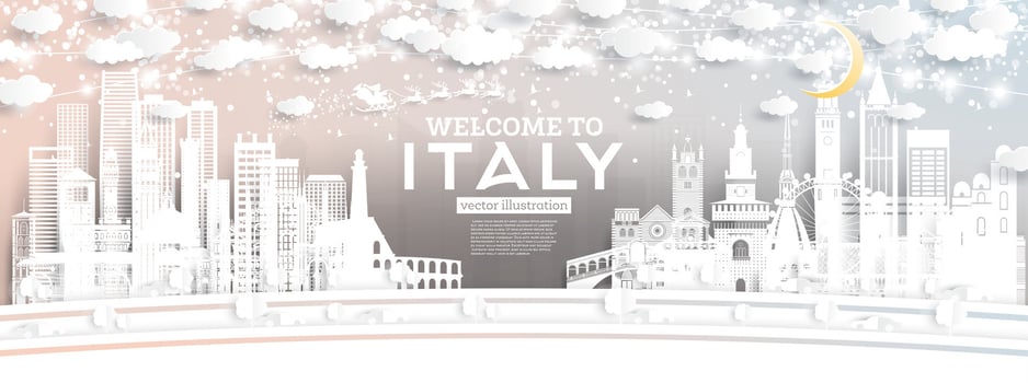 Welcome to Italy city skyline in paper cut style with snowflakes, moon and neon garland. Christmas and new year concept. Santa Claus on sleigh. Italy cityscape with landmarks. vector