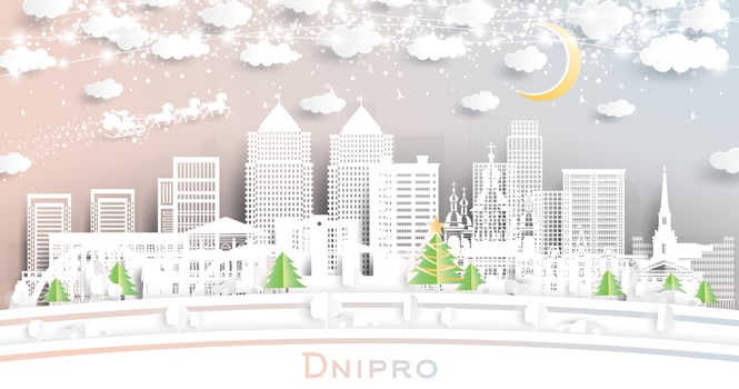 Dnipro. Winter city skyline in paper cut style with snowflakes, moon and neon garland. Christmas and new year concept. Santa Claus on sleigh. Dnepropetrovsk cityscape with landmarks. vector