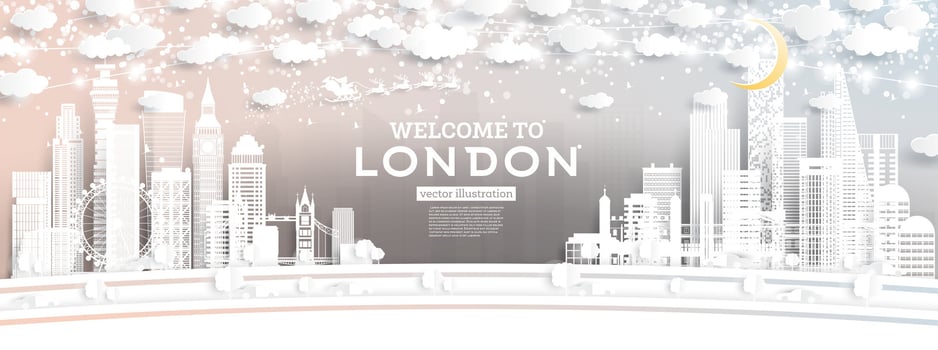 London UK City Skyline in Paper Cut Style with Snowflakes, Moon and Neon Garland. Christmas and New Year Concept. Santa Claus on Sleigh. London cityscape with landmarks. vector