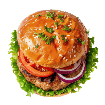 a hamburger with lettuce, tomatoes and onions png