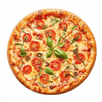 pizza with tomatoes and basil on a transparent background png