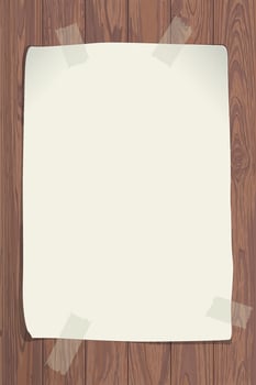 Blank old paper poster stuck with adhesive tape on Cut timber panels background graphic illustration. vector