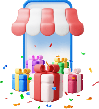 3D striped awning in smartphone and gift boxes png