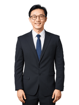 East Asian man in glasses, smiling confidently, business suit, focused gaze, isolated background. png