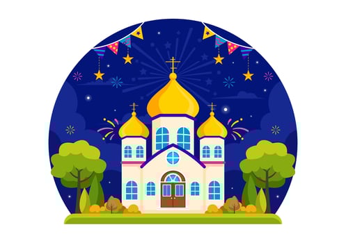 Flat Cartoon Illustration of Orthodox New Year Church and Festive Fireworks vector