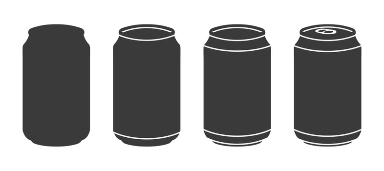Soda, beer aluminium can icon shape set. Drink packing container logo, sign, silhouette collection. illustration image. Isolated on white background. vector