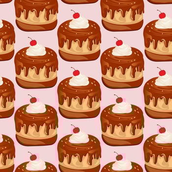 Seamless pattern for kitchen decor and more. Delicious chocolate cupcake with whipped cream and cherry. Cartoon illustration of sweet food. vector