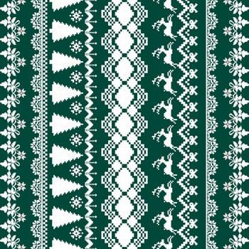 festive green and white pattern featuring geometric shapes, trees, and reindeer, perfect for holiday decorations and textiles vector