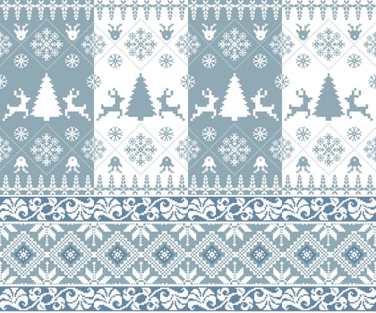 Cozy winter pattern featuring trees, reindeer, and snowflakes in blue tones. Perfect for festive designs and holiday decorations vector