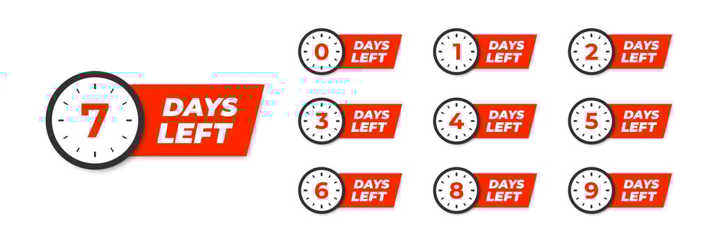 Days left. Countdown time 1, 2, 3, 4, 5, 6, 7, 8, 9, 0. Number go down. vector