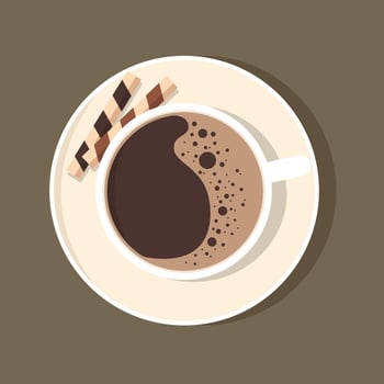 Cup of coffee with dessert on a saucer. Top view. vector