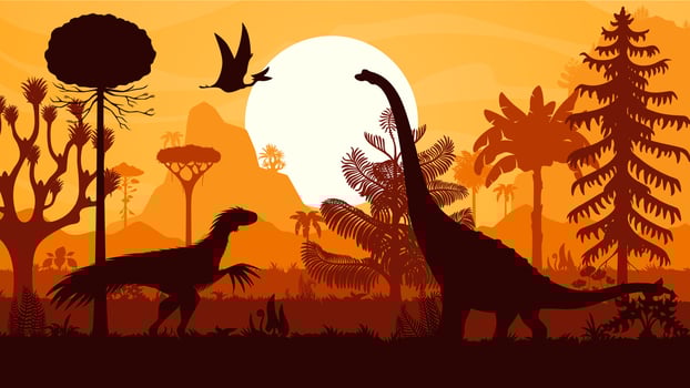 Giant prehistoric dinosaur silhouettes, background vector