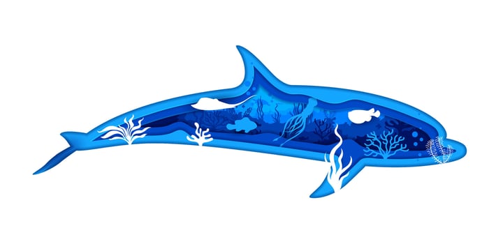 Dolphin silhouette, underwater landscape paper cut vector
