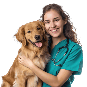Smiling vet holding a dog isolate on transparent background, png