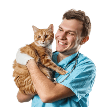 Smiling vet holding a cat isolate on transparent background png
