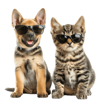 Dog and cat wearing sunglasses and thump up, full body isolate on transparent background png