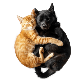 Dog and cat sleeping together full body isolate on transparent background png