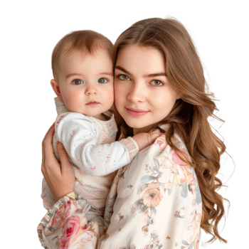 a woman holding a baby in a floral dress png