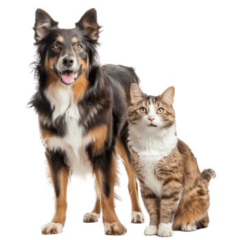Dog and cat standing together full body isolate on transparent background png