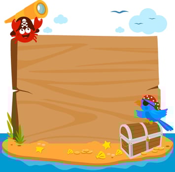 Wooden signpost background on a pirate island in the ocean with a treasure chest, a parrot and a crab. Blank wooden signboard on a sea island. vector