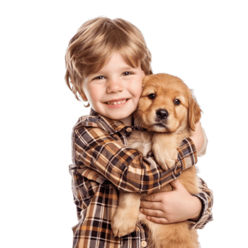 Smiling Little boy holding a Dog full body isolate on transparent background png