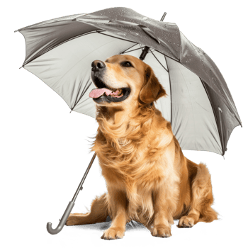 Smiling dog sitting while holding umbrella, full body isolate on transparent background png