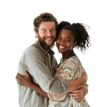 a smiling couple embracing each other on a transparent background png