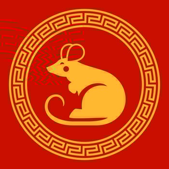 Golden rat Chinese New Year circle antique frame ornament vintage monochrome icon flat vector