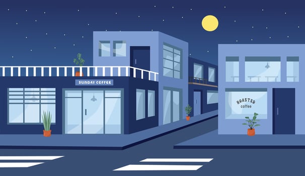 Night in the Convenience store illustration. Shop. Outlet. Department store. Market. Supermarket. Mart. Emporium. Chain store. Hypermarket. Business district. Store district. vector