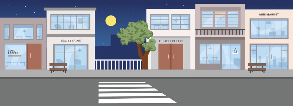 Supermarket. Boutique. Chain store. Convenience store. Department store. Discount store. Drugstore. Emporium. Grocery store. Market. Outlet. Cafe. Building in the night time. vector